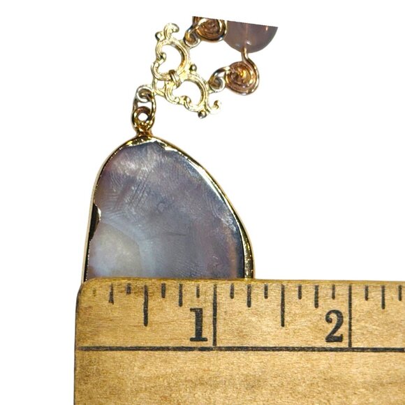 Artisan Hammered Lotus Flower Necklace W/ Agate Pendant Labradorite & Chalcedony - Picture 7 of 17